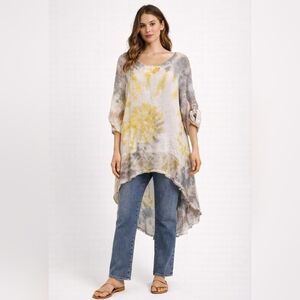 Belle France Boho Tie-Dye Linen Blend High-Low Dress | Asymmetrical Hem Sz M